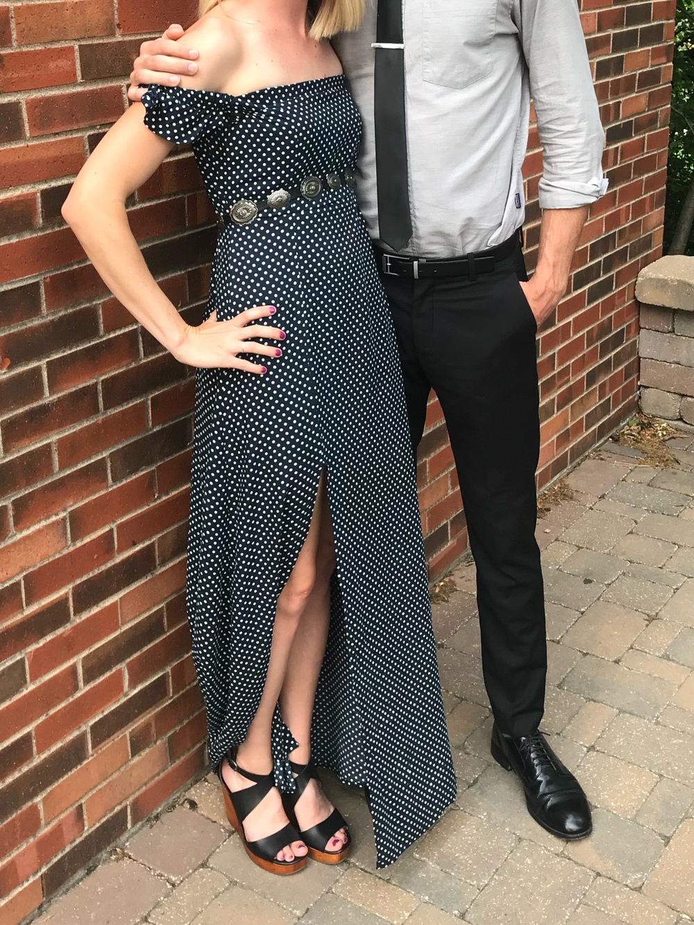 Off-Shoulder Navy Polka Dot Maxi Dress